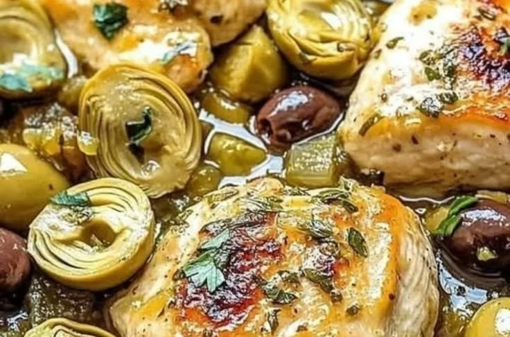 Mediterranean Lemon Chicken dish topped with artichokes and olives