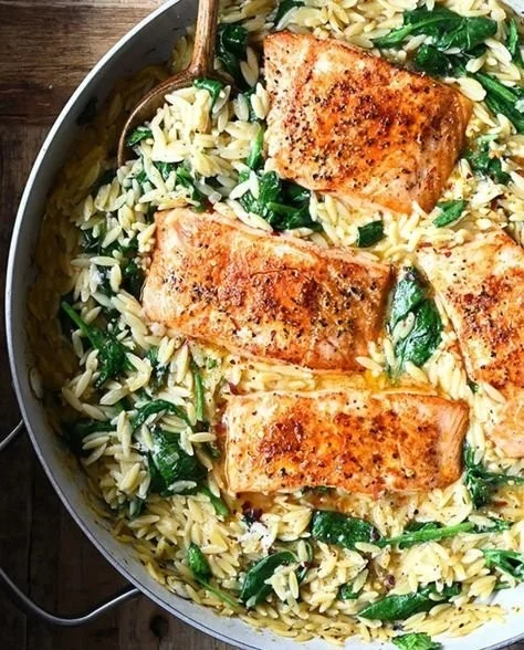 One Skillet Salmon with Lemon Orzo