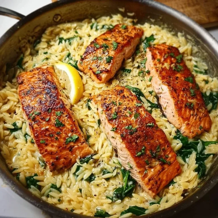 One skillet salmon served with lemon orzo on a plate