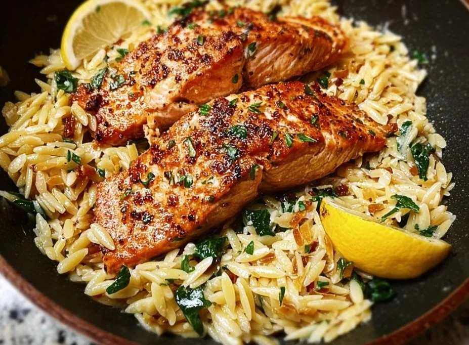 One Skillet Salmon with Lemon Orzo