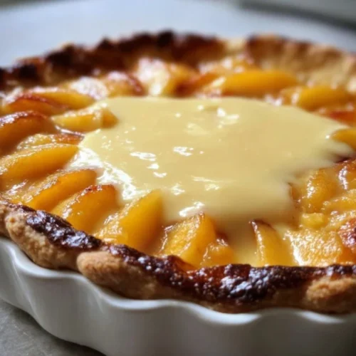 Homemade Peach Custard Pie with fresh peaches and creamy filling