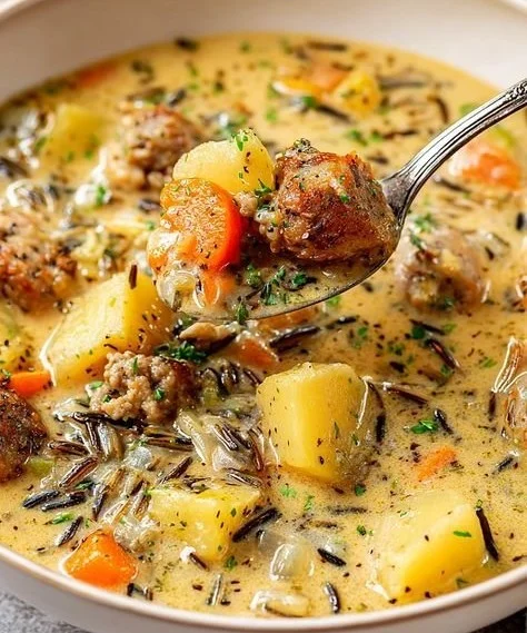 Bowl of Potato Sausage Chowder with fresh herbs on top