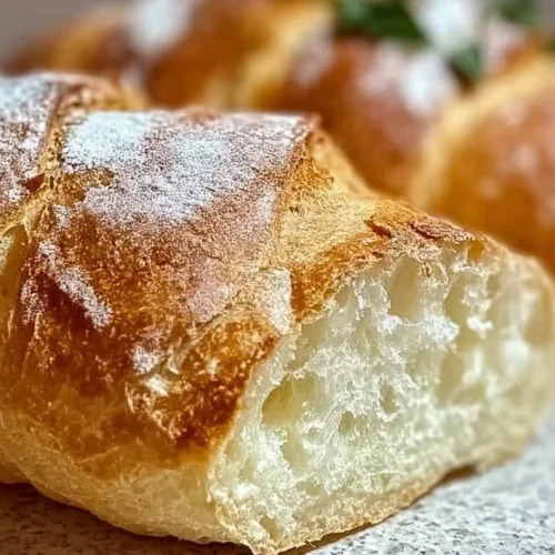 Freshly baked quick and easy Italian bread loaf on a wooden table.