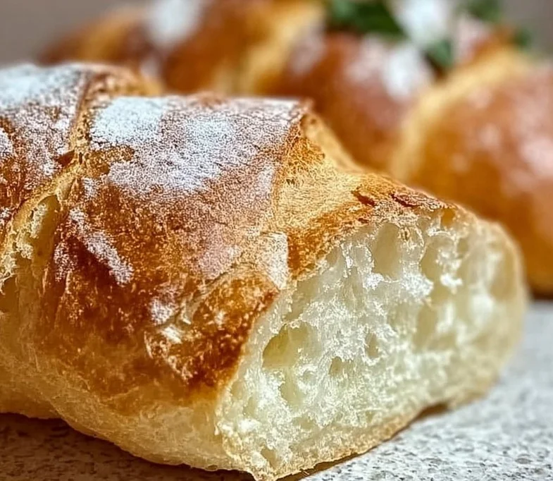 Freshly baked quick and easy Italian bread loaf on a wooden table.