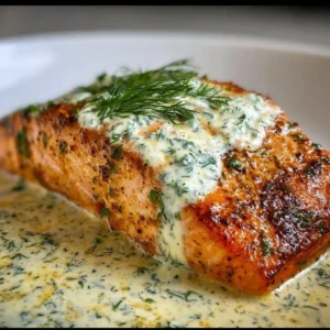 Salmon fillet topped with creamy feta dill sauce on a white plate