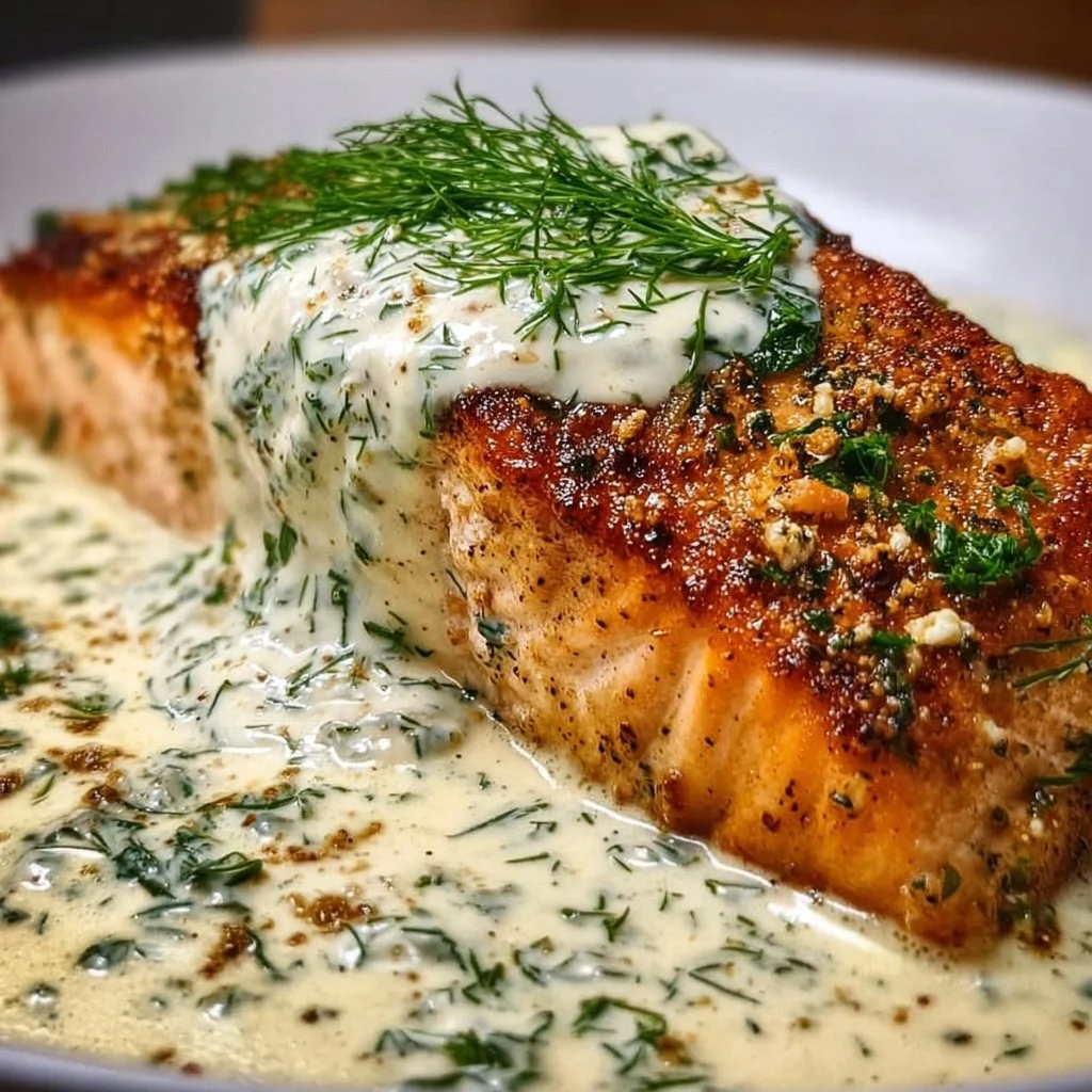 Salmon with Feta Dill Sauce