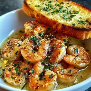 Delicious shrimp scampi bowls garnished with garlic bread