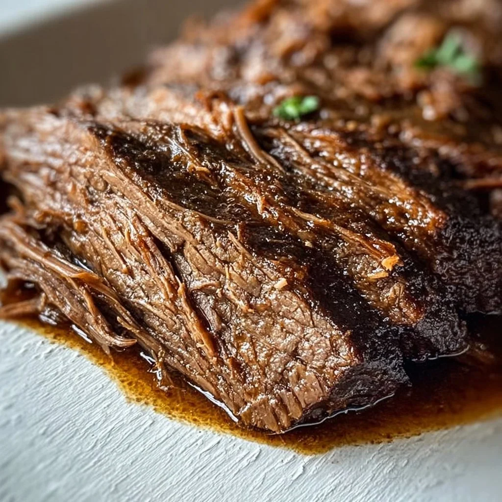 Delicious slow-cooked beef brisket with seasonings, served on a cutting board.