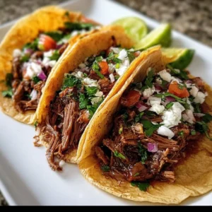 Slow-cooked chuck roast tacos garnished with fresh toppings