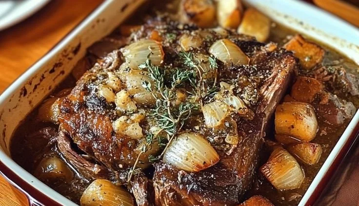 Slow-cooked herb-infused beef dish garnished with fresh herbs