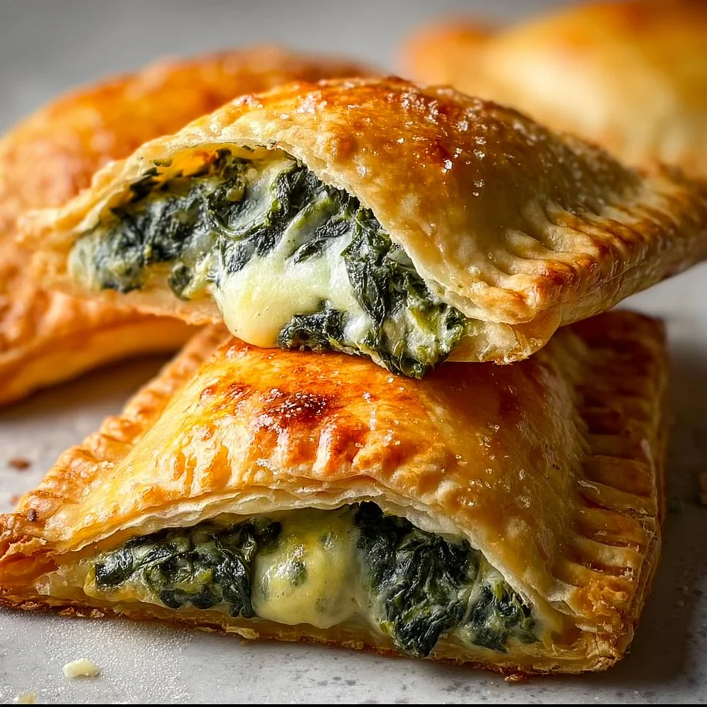 Spinach stuffed hand pies fresh out of the oven, golden and flaky.