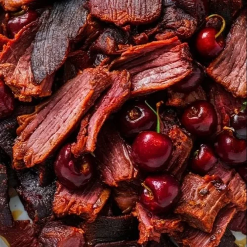 Sweet and savory cherry maple jerky pack with textured meat strips