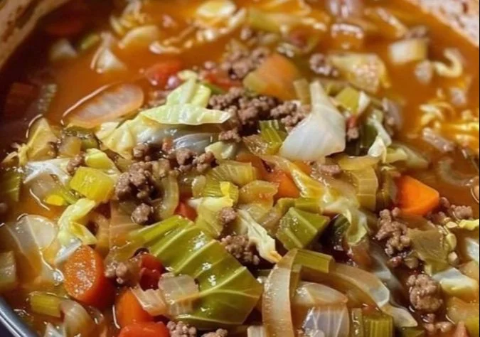 Healthy Weight Watchers Cabbage Soup served in a bowl with vegetables.